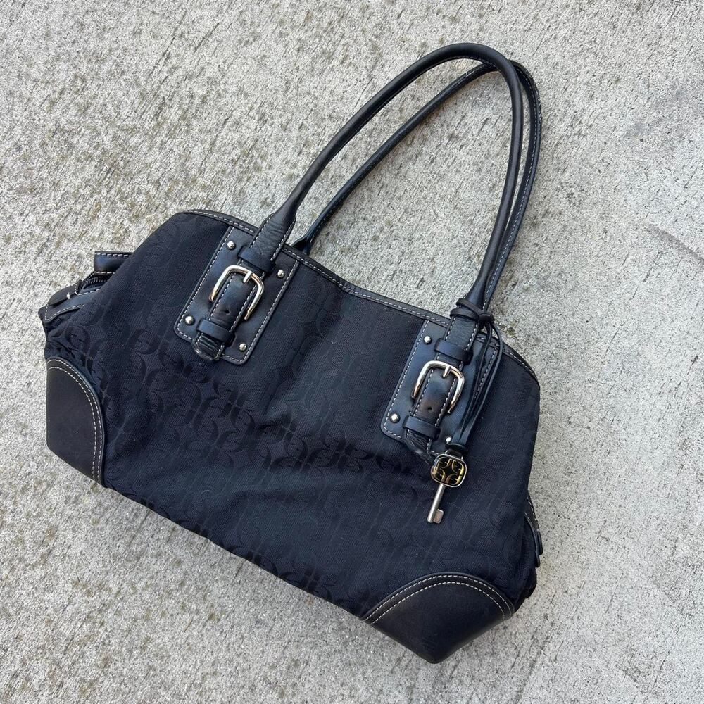 Vintage fossil signature monogram black canvas shoulder bag